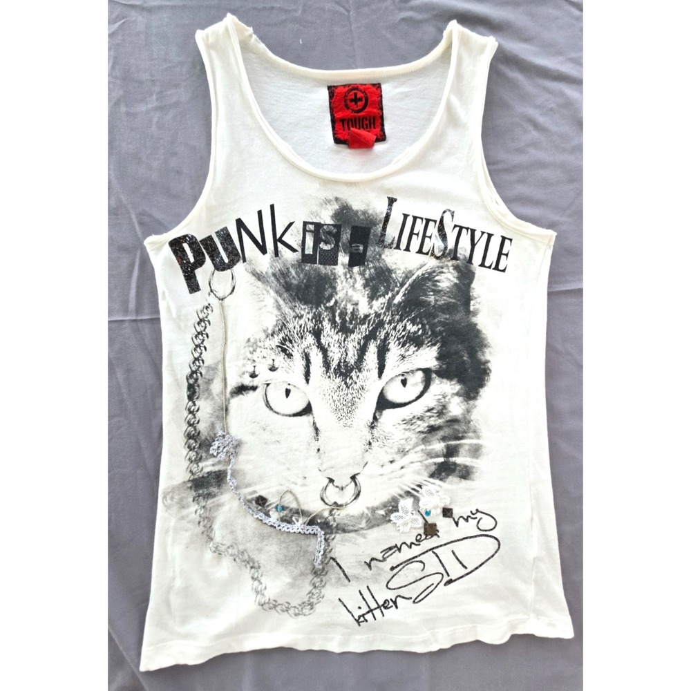 Tough Punk is Lifestyle Cat White Tank Top Silver Chain Lace Rhinestone Y2K